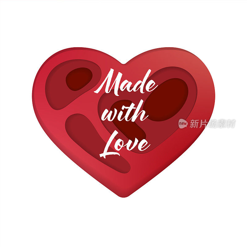 矢量剪纸风格心形。插图上写着“Made with Love”。